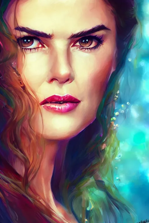 Image similar to portrait of a mix of beautiful young maria shriver, mariel hemmingway, brooke shields, nicole kidman and elle macpherson as a mermaid, thin lips, hair tied up in a pony tail, colorful artstation, cgsociety