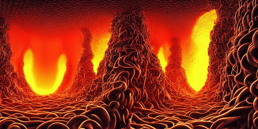 Prompt: deep twisting communal hive maze of shiny magma and smoke award winning art, epic dreamlike fantasy landscape, art print, science fiction, ultra realistic,