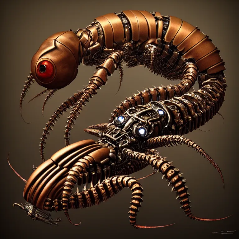 Image similar to steampunk cybernetic biomechanical scolopendra, 3 d model, unreal engine realistic render, 8 k, micro detail, intricate, elegant, highly detailed, centered, digital painting, artstation, smooth, sharp focus, illustration, artgerm, tomasz alen kopera, wlop