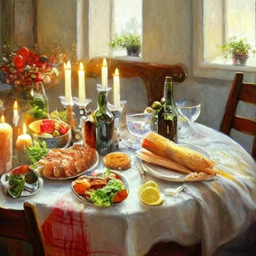 Image similar to a table full of traditional Swedish food, candles, wine, schnapps, pork, cheese, painting by Vladimir Volegov