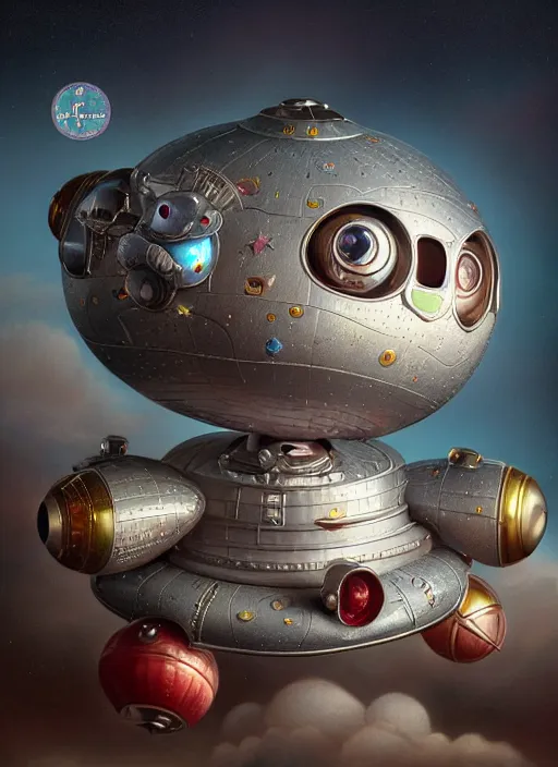 Image similar to highly detailed closeup portrait of a cute tin toy retro saucer spaceship, nicoletta ceccoli, mark ryden, lostfish, earl nore, hyung tae, frank frazetta, global illumination, god rays, detailed and intricate environment