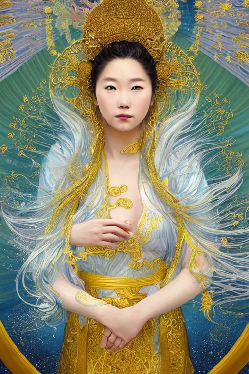 Image similar to a beautiful young Asian woman, Queen of the Sea Mu Yanling, long flowing white hair, blue and yellow robe that resembles floating wings, water flowing and floating around, young female face, liquid magic, cinematic top lighting, insanely detailed and intricate, face by Artgerm, design by Alphonse Mucha, Kuvshinov Ilya, Irakli Nadar, render by krenz cushart, golden ratio, symmetrical proportions, elegant, ornate, luxury, elite, matte painting, MTG, magic the gathering, trending on artstation, cinematic, cgsociety, 8k, high resolution,