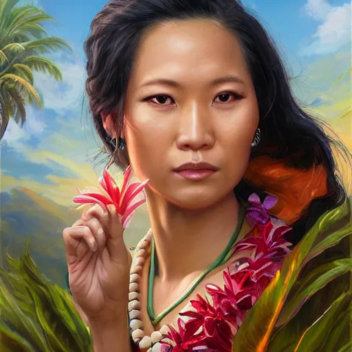 Image similar to portrait of a hawaiian woman ( 3 5 ) from hawaii in 2 0 2 1, an oil painting by ross tran and thomas kincade