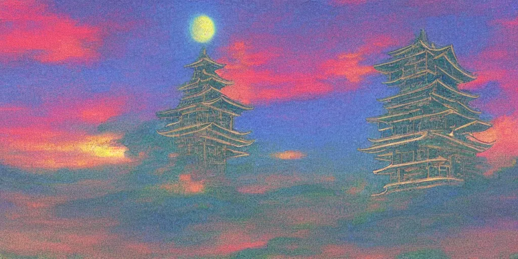 Image similar to “ a landscape pastel in the style of noriyoshi ohrai of an ancient holy tower, it has iridescent mana radiating from it. it is centered. the background is the sky at night. retrofuturistic fantasy ”