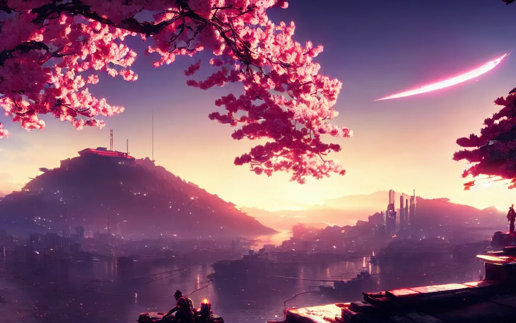 Image similar to sakura lit by the sun stands on a mountain from behind cyberpunk city, cyberpunk 2 0 7 7, city, wallpaper for monitor, cinematic view, concept art, high detail, 4 k, by jordan grimmer, art greg rutkowski, ivan aivazovsky, ruan jia, reza afshar, marc simonetti