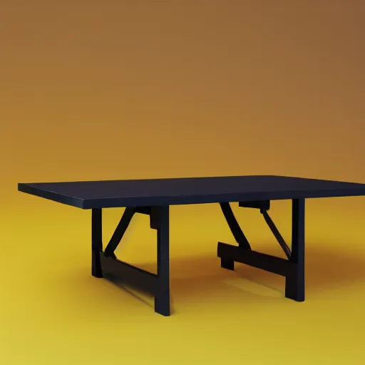 Prompt: table in front of a yellow background fffd32