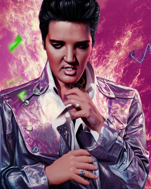 Image similar to a powerful energy elvis presley, by alexander fedosav, hyper detailed digital matte painting, concept art, hyperrealism, 1 6 k resolution, cinema 4 d, 8 k resolution, trending on artstation, behance hd, a masterpiece, by stephan martiniere, particles, cel - shaded, power bright neon energy, by david a. hardy,