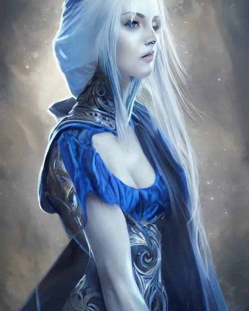 Image similar to A beautiful mysterious girl with hooded cobalt-blue eyes and silky white hair, guitar shape build, her wardrobe is attractive, full body, fantasy art, in the style of Tony Sart, illustration, epic art, fantasy, intricate, elgant, amazing detail, digital painting, artstation, concept art, smooth, sharp focus