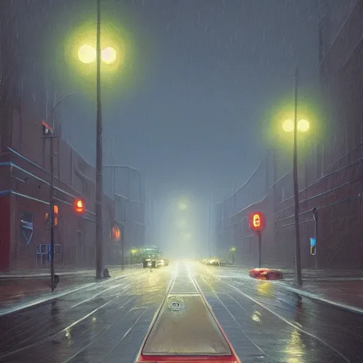 Image similar to an empty street at dusk, with a giant eldritch god emerging from the sky, rainy, wet streets, digital oil painting by simon stalenhag