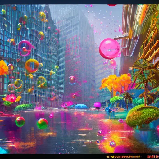 Prompt: a utopian city, filled with extremely colorful fauna, with bubbles floating around everywhere, dynamic lighting, fantasy concept art, trending on art station, stunning visuals, creative, cinematic, ultra detailed