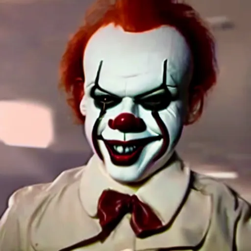 Image similar to blurry film grain still of a man wearing a leather jacket and white shirt wearing a latex pennywise mask