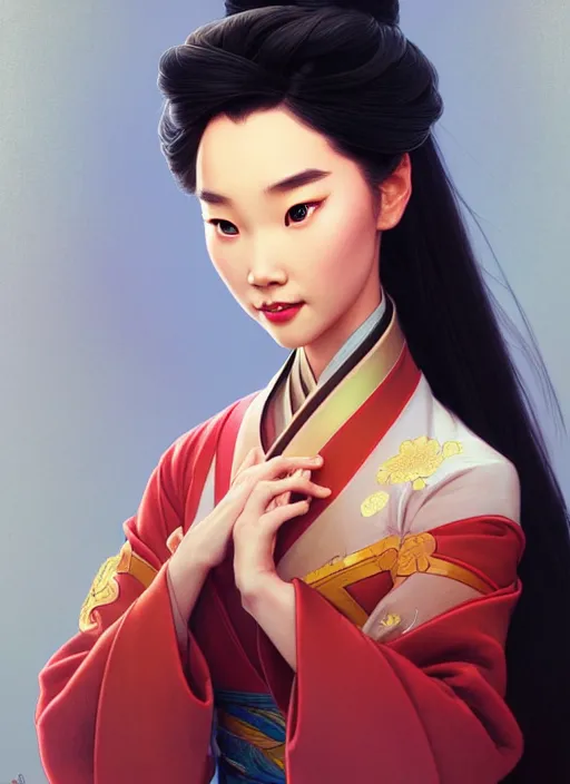 Image similar to portrait of disney mulan, intricate, elegant, highly detailed, my rendition, digital painting, artstation, concept art, smooth, sharp focus, illustration, art by artgerm and greg rutkowski and alphonse mucha and uang guangjian and gil elvgren and sachin teng, symmetry!!