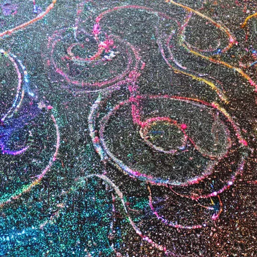 Prompt: a knee-deep, thin layer of microscopic, multi-colored glitter swirls above a the gritty pavement in a cyberpunk city of the future