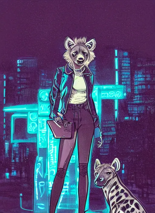Prompt: beautiful hyena fursona portrait commission of a female anthropomorphic hyena fursona wearing 1 9 8 0 s stylish clothes. city at night in the rain. neon light. atmospheric. character design by charlie bowater, detailed, inked, western comic book art