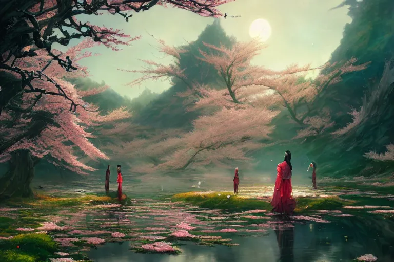 Image similar to wuxia, ancient relic, cherry blossoms, unreal engine, fantasy art by greg rutkowski, loish, rhads, ferdinand knab, makoto shinkai and lois van baarle, ilya kuvshinov, rossdraws, tom bagshaw, global illumination, radiant light, detailed and intricate environment