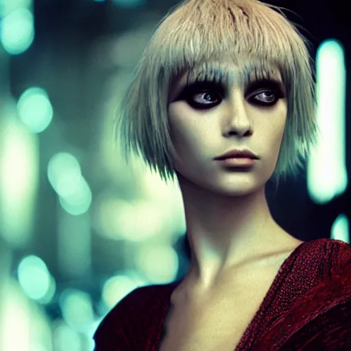 Image similar to portrait of a stunningly beautiful futuristic female pris from blade runner, depth of field, zeiss lens, detailed, symmetrical, centered, fashion photoshoot, by Annie Leibovitz and Steve McCurry, David Lazar, Jimmy Nelsson, Breathtaking, 8k resolution, extremely detailed, beautiful, establishing shot, artistic, hyperrealistic, beautiful face, octane render