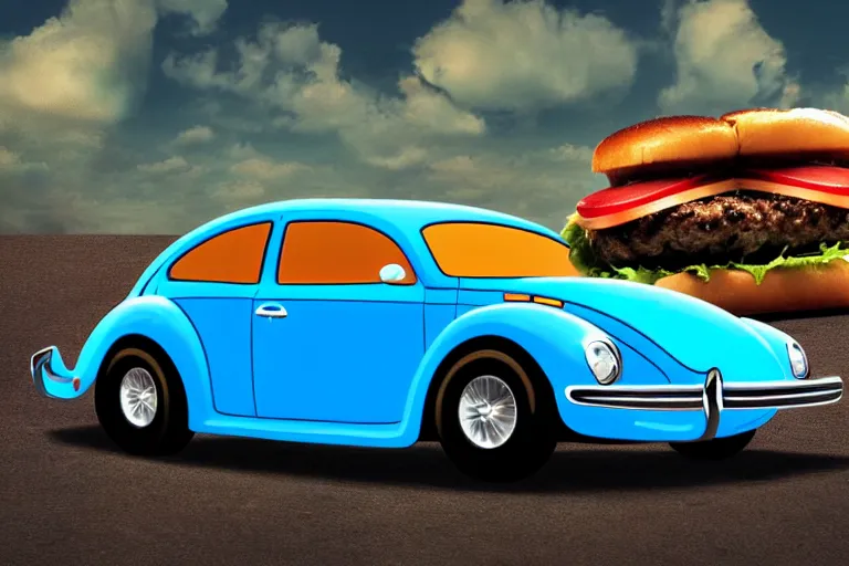 Prompt: a blue beetle car with burgers for wheels, digital art 4 k,