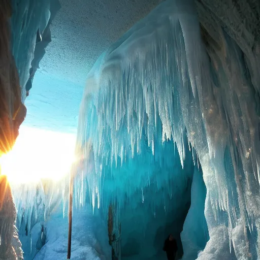 Prompt: ”entrance to icy stalactite cave in the sunset, light coming through, photorealistic, beautiful”