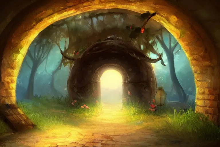 Prompt: a tunnel towards dreamy land ,concept art trending on artstation, golden rule, magical world ,