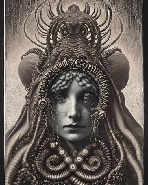 Image similar to daguerreotype hyperrealistic detailed face side portrait of the beautiful cthulhu priestess adorned with curse jewels and ceremonial robes, tintype art by ernst haeckel, john william godward, android jones, alphonso mucha, h. r. giger, gothic - cyberpunk, ornamental, black and white, ambrotype
