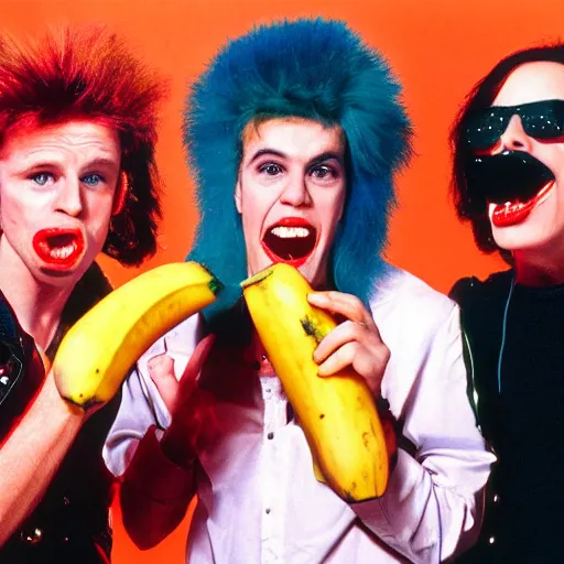 Prompt: 8 0 s punk rock band holding banana microphone, with banana costumed background singers, concert photo, getty images