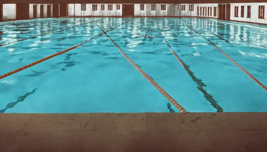 Prompt: 7 0 s movie still of an empty soviet stalinist style swimming pool flooded in water, eastmancolor, heavy grain, high quality, high detail