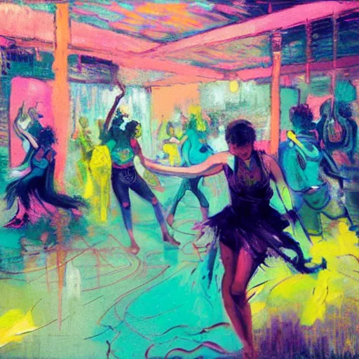 Prompt: portrait of sexy people dancing, ecstatic, intense, techno party, pastel tropical colors, utopia, moody, by by greg rutkowski, by jeremy mann, by francoise nielly, by vincent van gogh