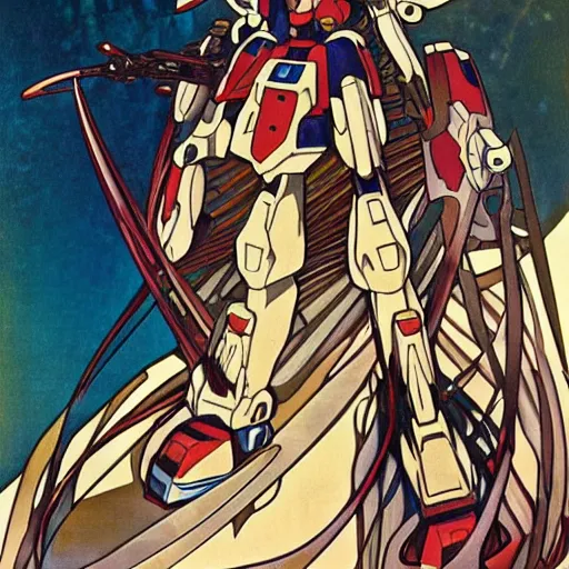 Image similar to anime manga mecha gundam robot portrait by Alphonse Mucha art nuevou