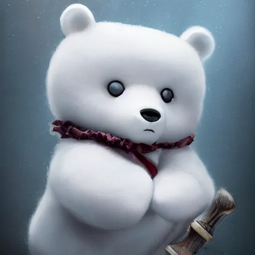 Prompt: cute porcelain doll ice bear with axe in san fransisco, mark ryden style, vivid colors, high details, cinematic, 8 k resolution, beautiful detailed, photorealistic, digital painting, dark atmosphere, artstation, concept art, smooth, sharp focus, illustration, fantasy background, artstation trending, octane render, unreal engine