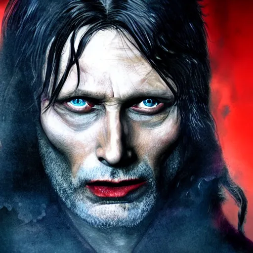 Image similar to mads mikkelsen as a vampire, male, late - 4 0 s aged, very long hair, slicked black hair, red eyes, clean shaven, wearing a cape, regal, royal, grim facial expression, high medieval fantasy, full color digital art, cinematic shot, portrait, wide shot.