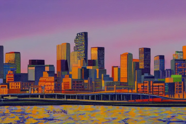 Prompt: winnipeg skyline, sunset, painting by tom thompson, group of seven, 4 k