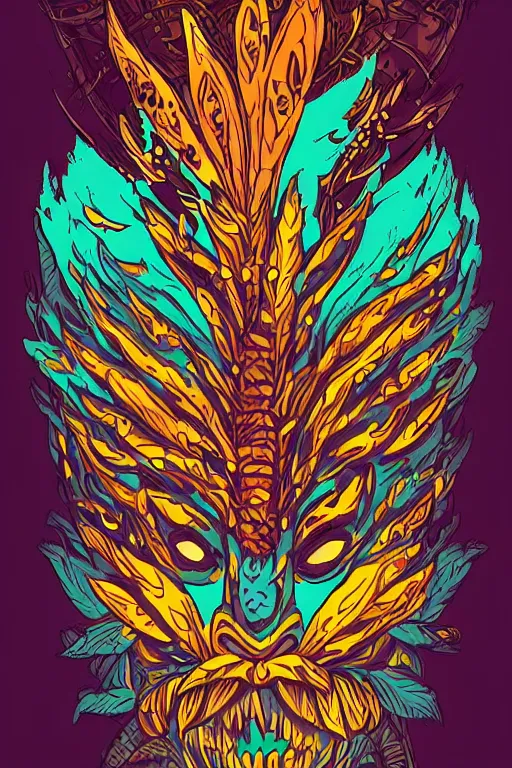 Image similar to animal mask totem roots flower tribal feather gemstone plant wood rock shaman vodoo video game vector cutout illustration vivid multicolor borderlands comics by josan gonzales and dan mumford radiating a glowing aura