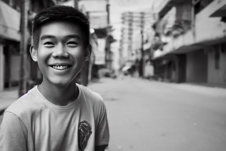 Image similar to still photo of a filipino teenange boy smiling at the camera on the street, black and white color aesthetic, highly detailed, photorealistic portrait, bright studio setting, studio lighting, crisp quality and light reflections, unreal engine 5 quality render