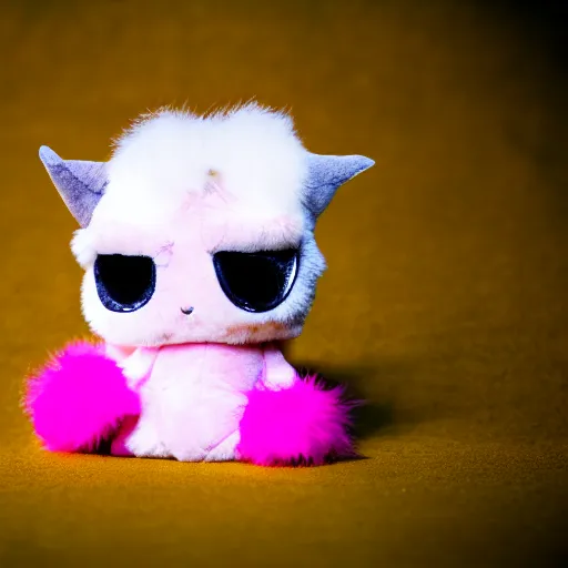 Image similar to lomography long shot of cute plush fluffy chthonic doll monster made to look like a baby, bokeh background