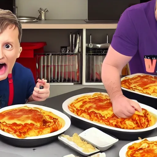 Image similar to Wigeusz YouTuber screaming at children eating his lasagne