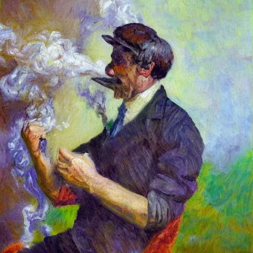 Prompt: An impressionist oil painting of a man working, smoke is coming out of the head