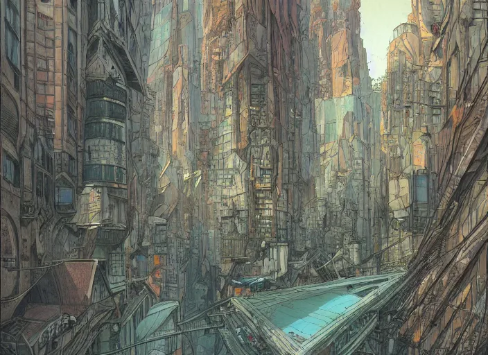 Image similar to close up city street view on an alien planet by moebius, earth and pastel colors, architecture by gaudi, mutant inhabitatnts by enki bilal, dramatic perspective, very coherent, trending on artstation