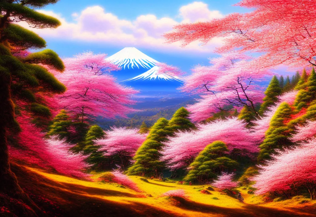 Image similar to a real photographic landscape painting with incomparable reality, wide angle, in forest, flowers, cherry blossom tree in full bloom, bright style, mount fuji, clearing, john howe, magnificent, artstation