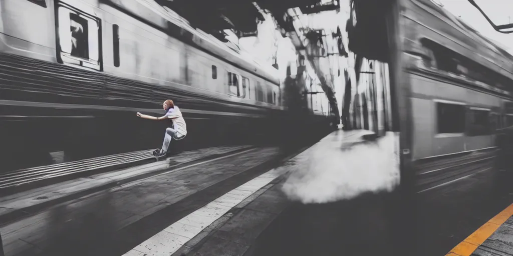 Prompt: a wide shot angle photography of a person trying to jump into a moving train from a platform