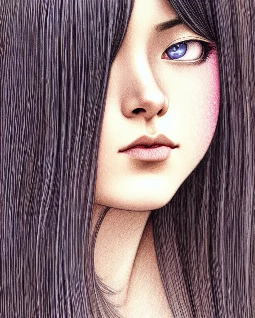 Image similar to ' daydreaming woman with long straight silky hair ', closeup shot of face, beautiful shadowing, soft shadowing, reflective surfaces, illustrated completely, 8 k beautifully detailed pencil illustration, extremely hyper - detailed pencil illustration, intricate, epic composition, masterpiece, bold complimentary colors. stunning masterfully illustrated by artgerm, range murata, alphonse mucha, katsuhiro otomo.