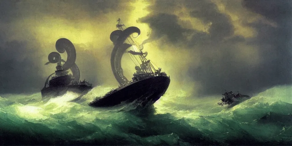 Image similar to kraken pulling a submarine underwater, ivan aivazovsky, stylized