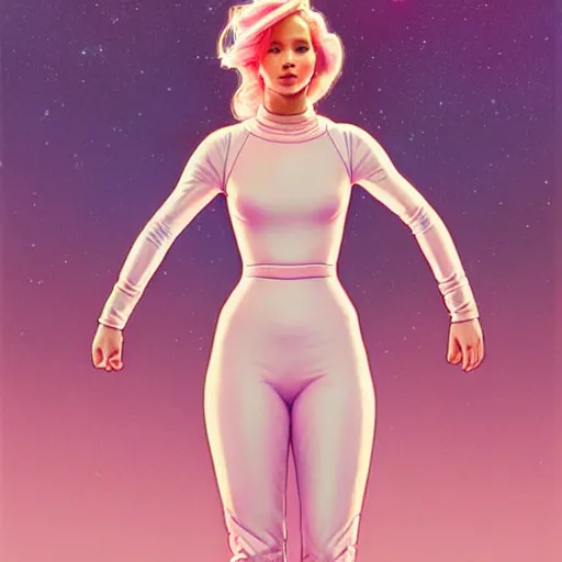 Image similar to Portrait of Jennifer Lawrence in pastel pink spacesuit by artgerm and greg rutkowski and alphonse mucha