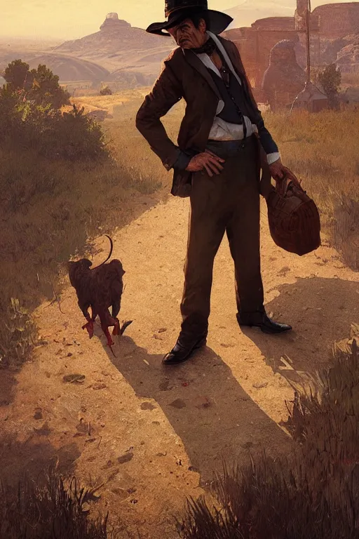 Image similar to mr bean as a character in a scene from red dead redemption, artstation, concept art, smooth, sharp focus, illustration, art by and greg rutkowski and alphonse mucha