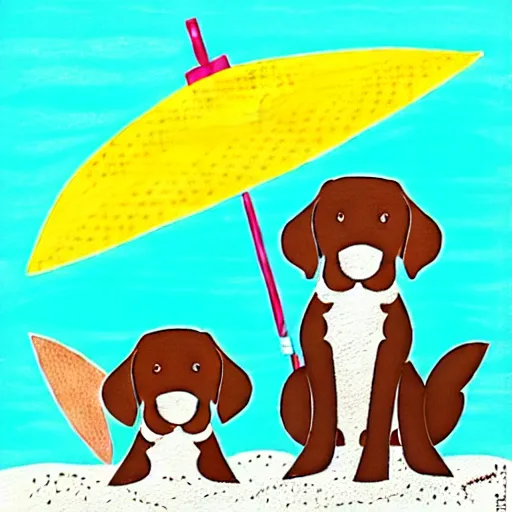 Image similar to two cute brown spaniel swimming by the seaside, parasols, bright towels, geometric, pop, sketch, artwork,lines