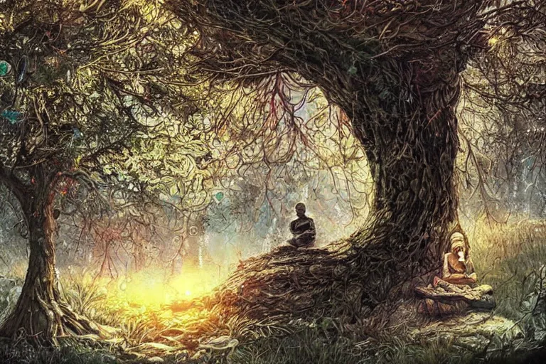 Image similar to a man meditating under a tree by android jones,