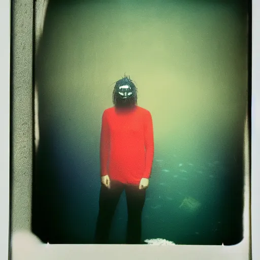 Image similar to slipknot, dark, murky water, underwater, old polaroid, expired film,