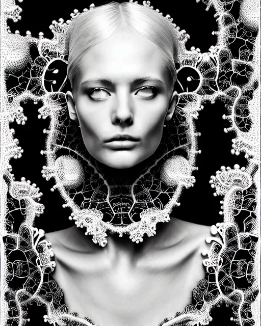 Prompt: surreal black and white photo portrait of complex bio-mechanical beautiful young female vegetal-cyborg with a Mandelbrot fractal metal fine lace face, silver hair, 150 mm lens, soft rim light, fine metal floral foliage super big lace collar by Alexander McQueen, high fashion, haute couture, rococo, steampunk, silver filigree details, anatomical, facial muscles, cable wires, microchip, elegant, hyper realistic, octane render, unreal engine, in the style Dora Maar, volumetric lighting, 8k,