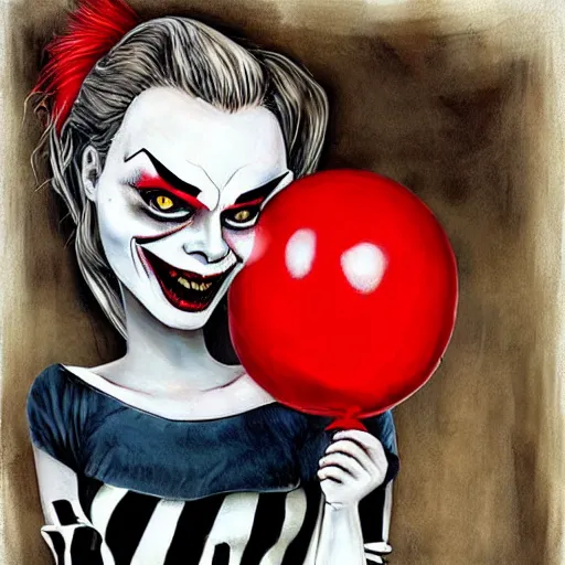 Image similar to grunge cartoon painting of margot robbie with a wide smile and a red balloon by chris leib, loony toons style, pennywise style, corpse bride style, horror theme, detailed, elegant, intricate