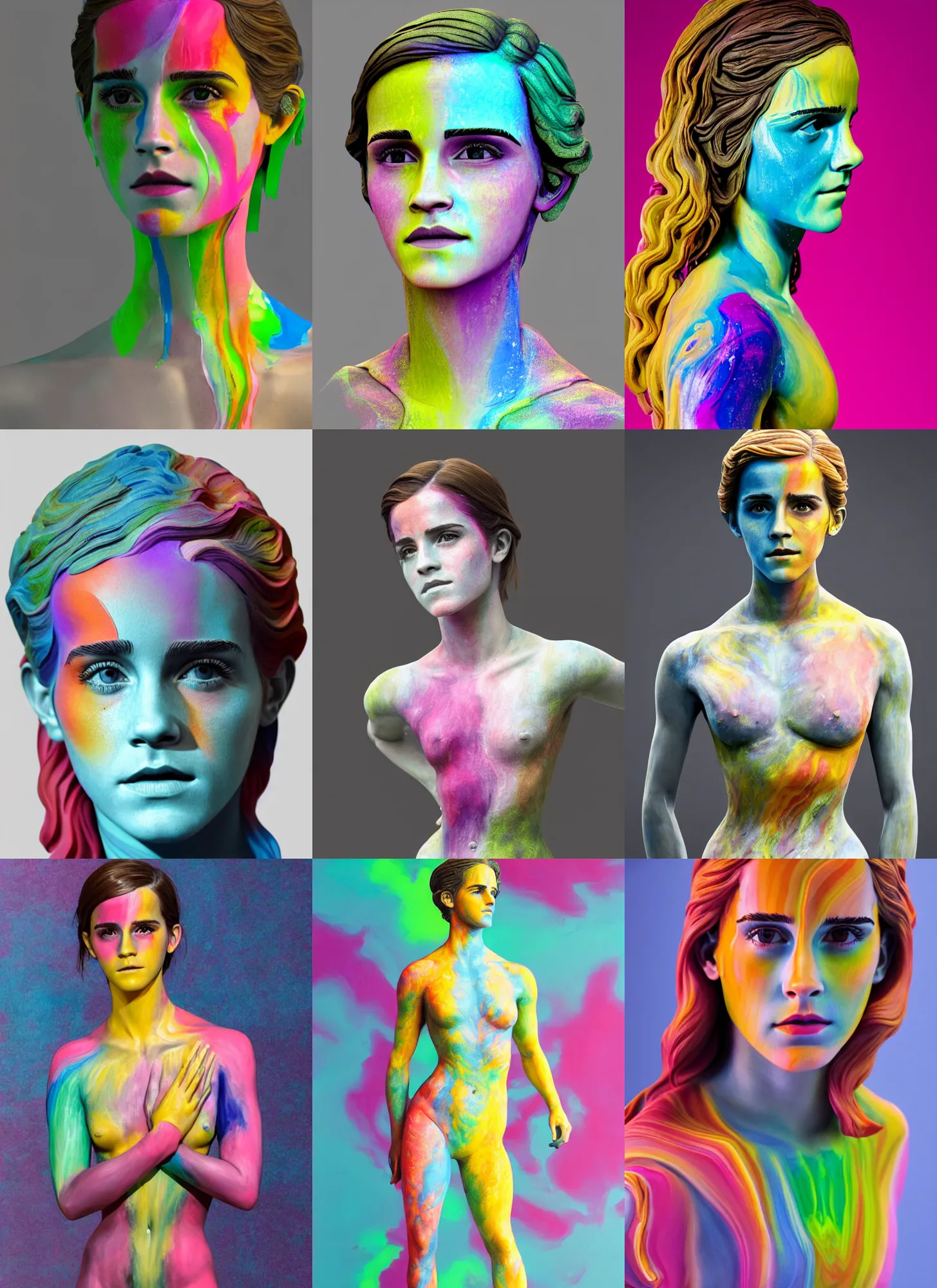 Prompt: 3D print marble sculpture of Emma Watson by Jean-Baptiste Carpeaux and Luo Li Rong and Michael James Talbot, standing athletic pose, perfect symmetrical face, colorful, bright psychedelic colors, bodypaint, acrylic paint splashes, full length shot, elegant, realistic, 8K, female full-skin figure, hyperrealism, subsurface scattering, raytracing, soft light, Octane Render, Redshift, Zbrush