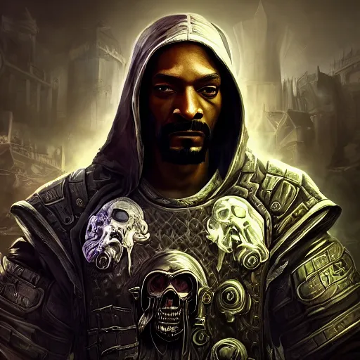 Image similar to portrait of snoop dogg as the grim reaper, league of legends amazing splashscreen artwork, gears of war, splash art, natural light, elegant, photorealistic facial features, intricate, fantasy, detailed face, atmospheric lighting, anamorphic lens flare, cinematic lighting, league of legends splash art, hd wallpaper, ultra high details by greg rutkowski